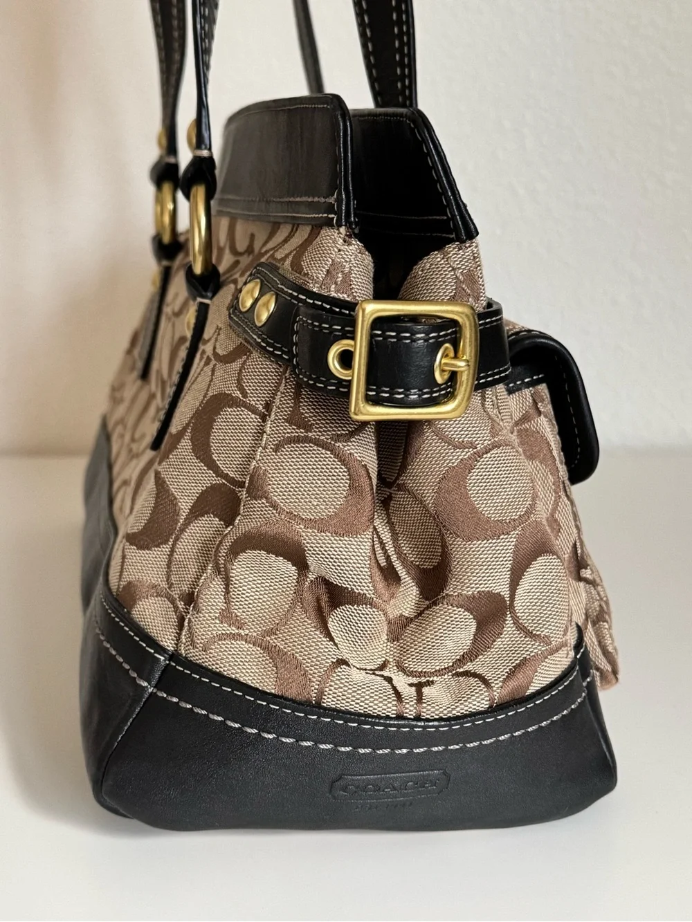 Coach Legacy Signature Double Turn Lock Tote F13131 Black Leather Jacquard